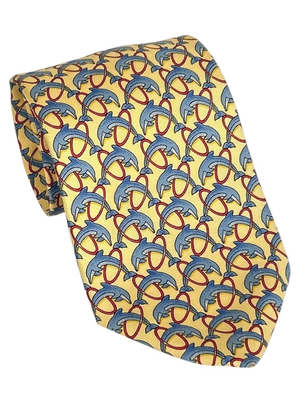 Vtg Brooks Brothers Makers Tie Men Yellow Blue 100% Silk Nautical Blue Dolphins
